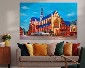 Schilderij Haarlem Grote Markt met Grote Kerk (St. Bavokerk) van Kunst Kriebels