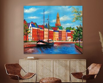 Groningen schilderij Hoge der A met kerktoren van de Der Aa-kerk