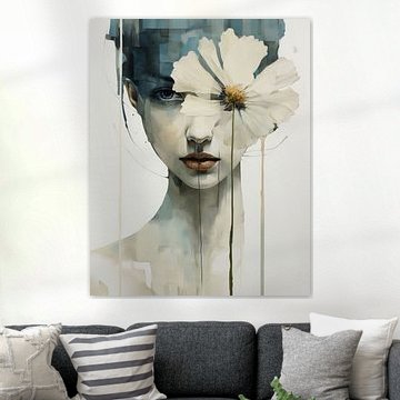 Modernes Porträt einer jungen Frau mit Blume in Pastellfarben von Carla Van Iersel