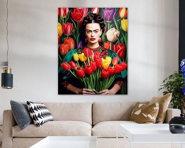 Portrait de Frida avec un champ de tulipes sur Vlindertuin Art