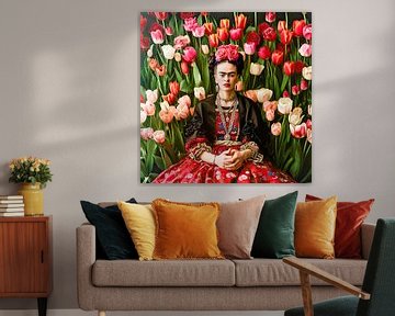 Portrait Frida dans un champ de tulipes sur Vlindertuin Art