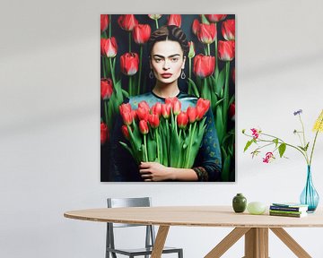 Portrait Frida and red tulips by Vlindertuin Art