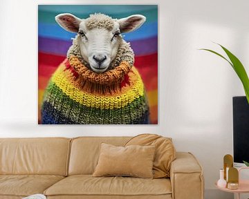 Sheep in warm rainbow-coloured wool jumper by Vlindertuin Art