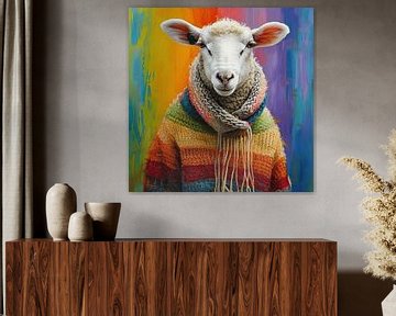 Portrait of sheep in wool rainbow-coloured jumper by Vlindertuin Art