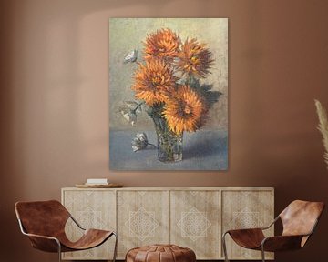 Orangefarbene Chrysanthemen in Vase - impressionistisches Gemälde auf Hartfaserplatte von Galerie Ringoot