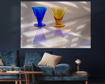 Modern stilleven met blauw en geel glas van Angeline van de Kerkhof