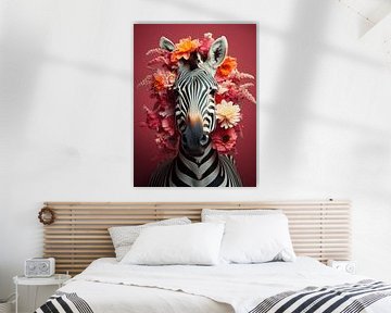 Florales Zebra-Portrait - Elegante Streifen und Blumen von Eva Lee