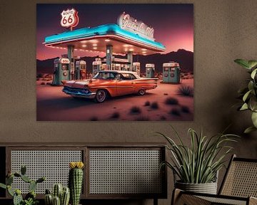 Classic car at a gas station in the desert along route 66 retro by Dennisart Fotografie