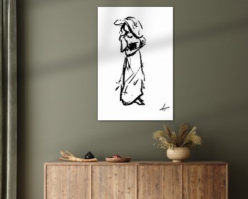 Schwarz-Weiß-Kohlezeichnung abstrakte Frau mit Hut von Emiel de Lange