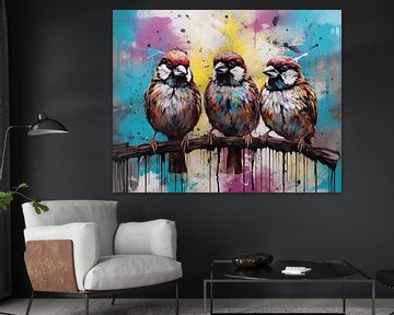 Colourful Sparrows | Colourful Bird Art by Blikvanger Schilderijen