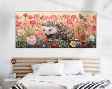 Hedgehog in Sea of Flowers | Hedgehog Nature Painting sur De Mooiste Kunst