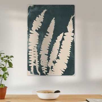 Fern leaves in beige on teal. Modern botanical art. by Dina Dankers