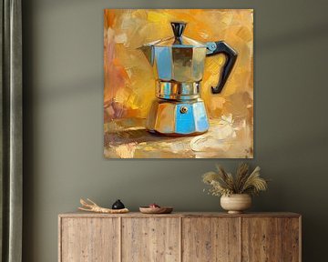 Koffie - Percolator - geel oker zilverkleurig schilderij