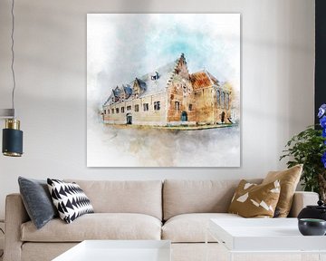 Watercolour painting of the Stadsschuur in Middelburg, Zeeland by Danny de Klerk