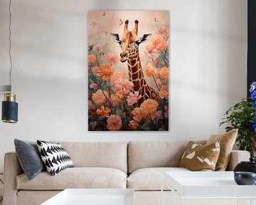 Girafe en fleurs | Girafe Peach Art sur Peinture Abstraite