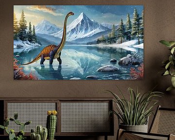Brachiosaurus dinosaur goes alone into the cold lake, art design by Animaflora PicsStock