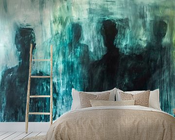 Abstract painting, blue-green, turquoise, green and grey