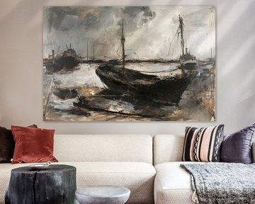 Abstract painting, ship in port, monochrome by Bowiscapes