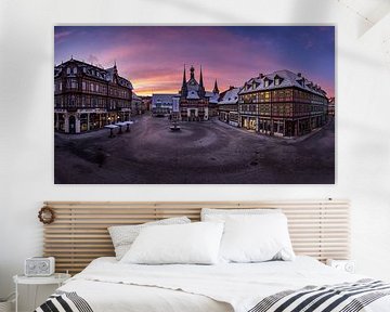 Panorama of Wernigerode town hall in the Harz Mountains at sunrise in winter