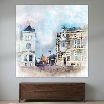 Aquarell des Gänsekorenmarkts in Middelburg, Zeeland von Danny de Klerk