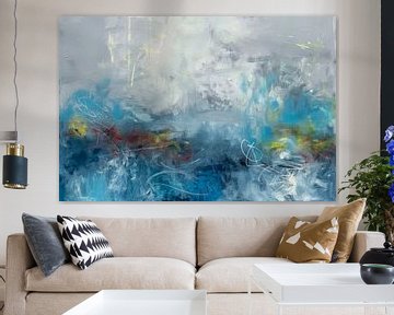 Abstract painting, grey and blue with accents of yellow, red and white by Bowiscapes