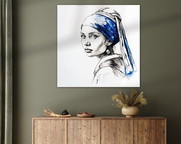 Fille avec une boucle d'oreille en perle dessin sur Vlindertuin-Art
