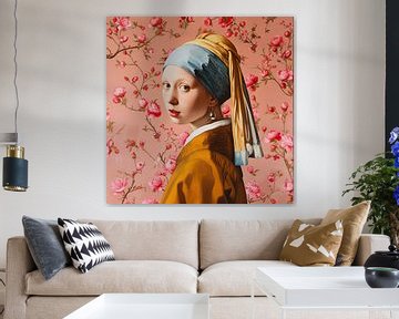 Girl with a pearl earring and pink flowers by Vlindertuin Art