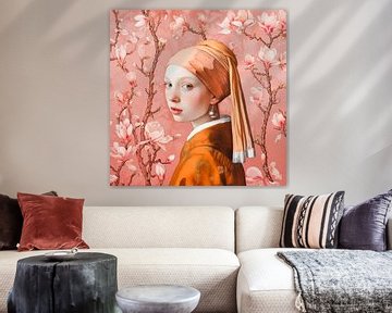 Girl with a pearl earring in orange peach colour by Vlindertuin Art