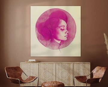 Federzeichnung Porträt Frau in rosa von Vlindertuin Art