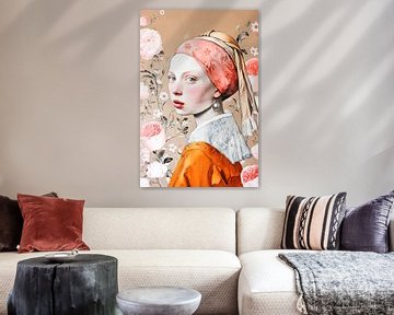Girl with a pearl earring with flowers by Vlindertuin Art