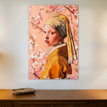 Girl with a pearl earring with pink blossom branches