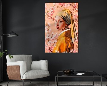 Girl with a pearl earring with pink blossom branches by Vlindertuin Art