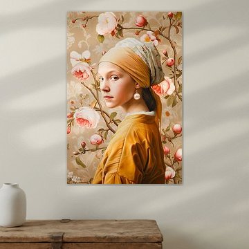 Meisje met de parel met bloemen en lentetakken van Vlindertuin-Art