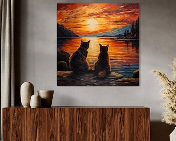 2 chats coucher de soleil sur TheXclusive Art