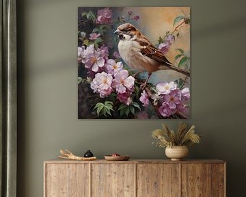 Moineau avec des fleurs sur The Xclusive Art