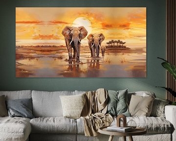 Éléphants dans la savane panorama sur TheXclusive Art