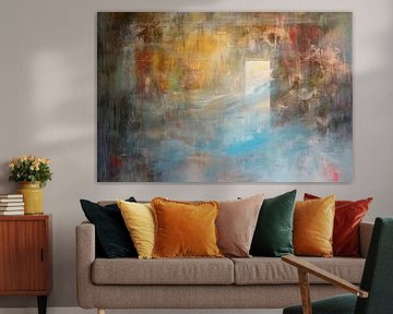 Abstract schilderij,  blauw, geel, wit en bruin van BowiScapes