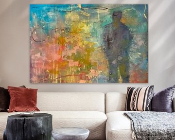 Abstract schilderij,  blauw, geel, roze en grijs van BowiScapes