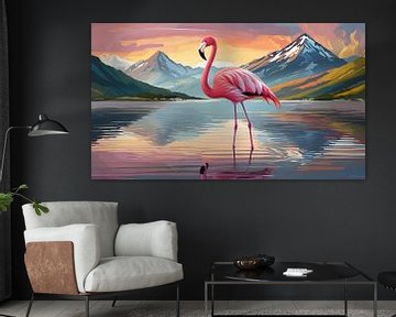 Flamingo standing in a lake with a mountain landscape in the background by Animaflora PicsStock