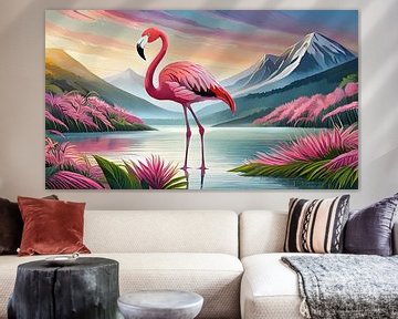 Flamant rose debout dans un lac avec un paysage de montagne en arrière-plan sur Animaflora PicsStock