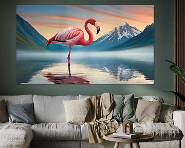 Flamingo standing in a lake with a mountain landscape in the background by Animaflora PicsStock