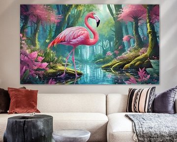 Flamingo stands in a magical fairytale forest by Animaflora PicsStock