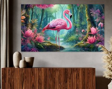 Flamingo stands in a magical fairytale forest with a stream by Animaflora PicsStock