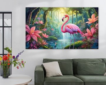 Flamingo stands in a magical fairytale forest with flowers by Animaflora PicsStock