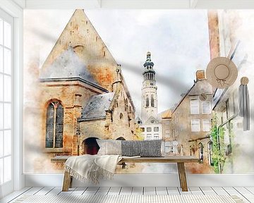 Aquarelschilderij van de Nieuwstraat in Middelburg met de Lange Jan op de achtergrond met op de achtergrond de Lange Jan