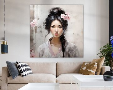 Aziatische vrouw met roze bloemen van Lauri Creates