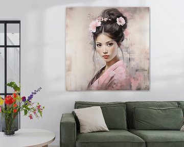Asiatische Frau mit Blumen im rosa Kimono von Lauri Creates