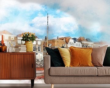 Aquarelschilderij van de Rouaansekaai in Middelburg, Zeeland