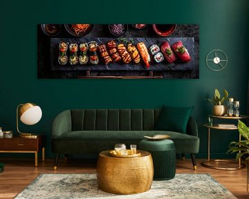 Panoramic Japanese sushi photography on stone shelf by Digitale Schilderijen