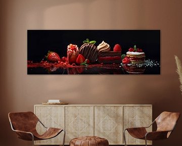 Ijs toetjes en fruit fotografie als panorama met zwarte achtergrond van Digitale Schilderijen